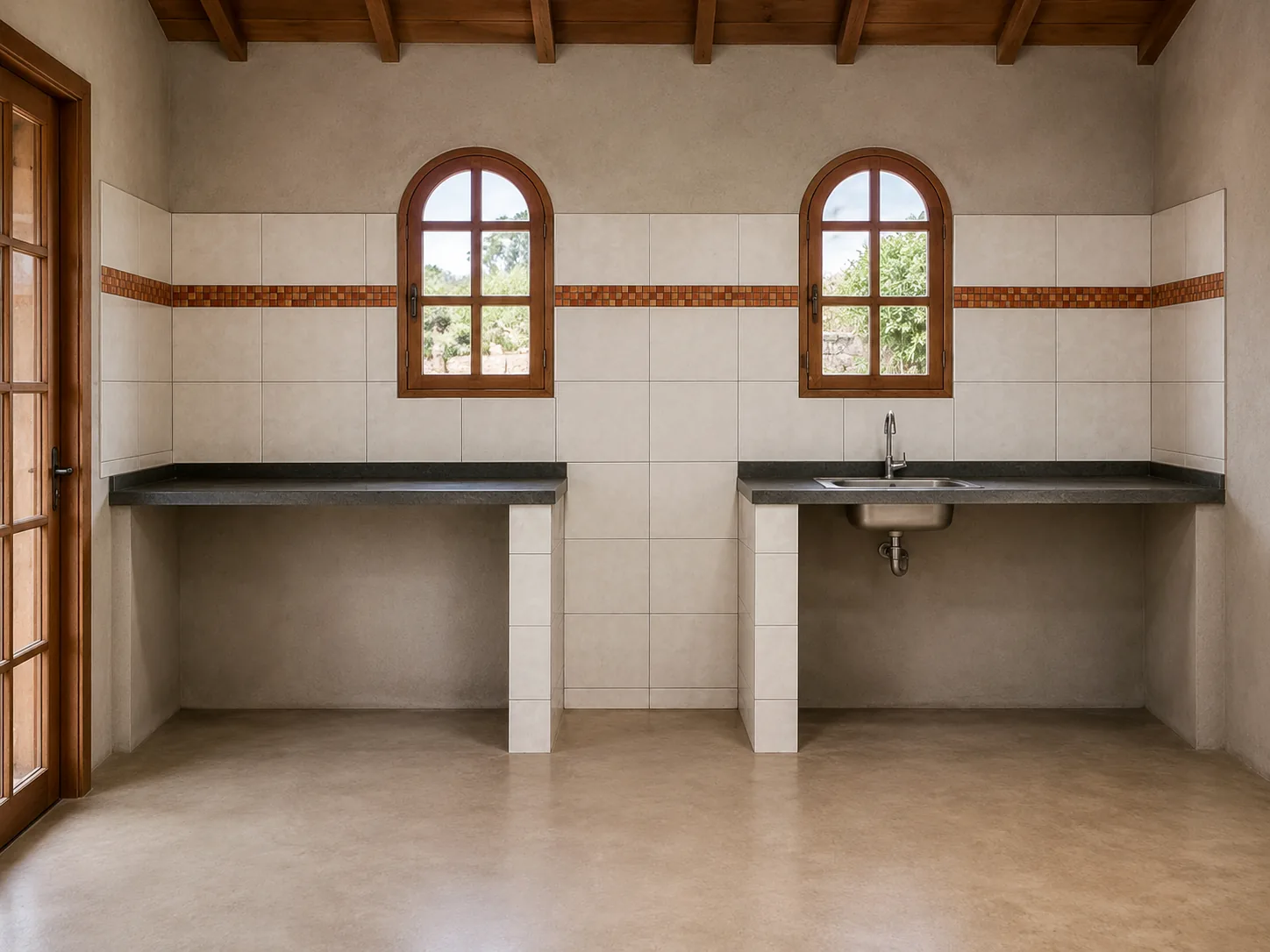 Cocina residencial con mesadas, revestimientos y pileta instalada
