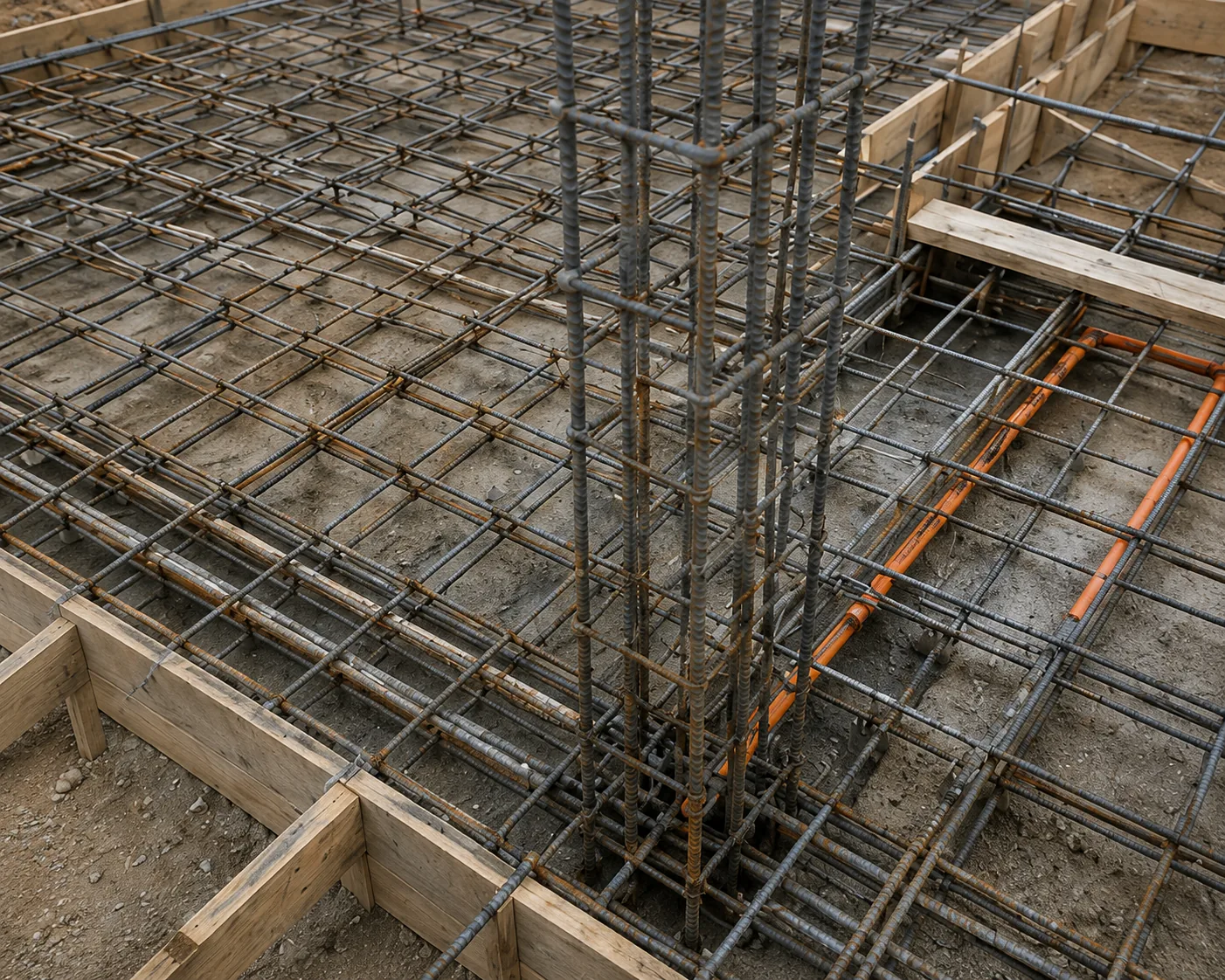 Detalle de armadura de hierro en fundación residencial