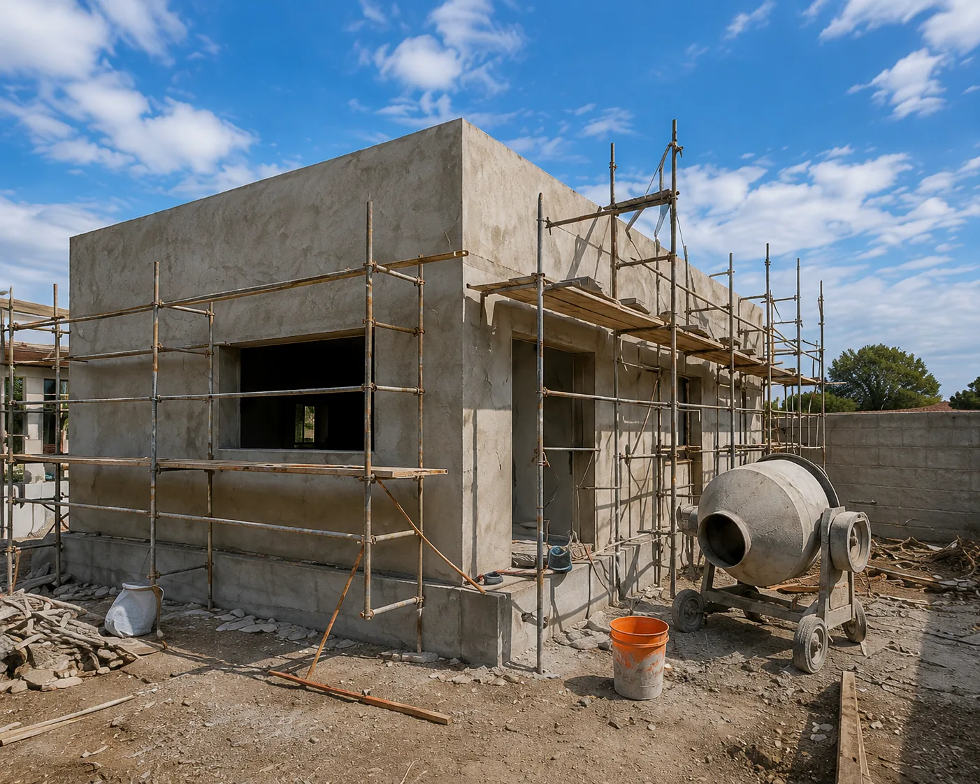 Fachada residencial revocada con andamios durante obra